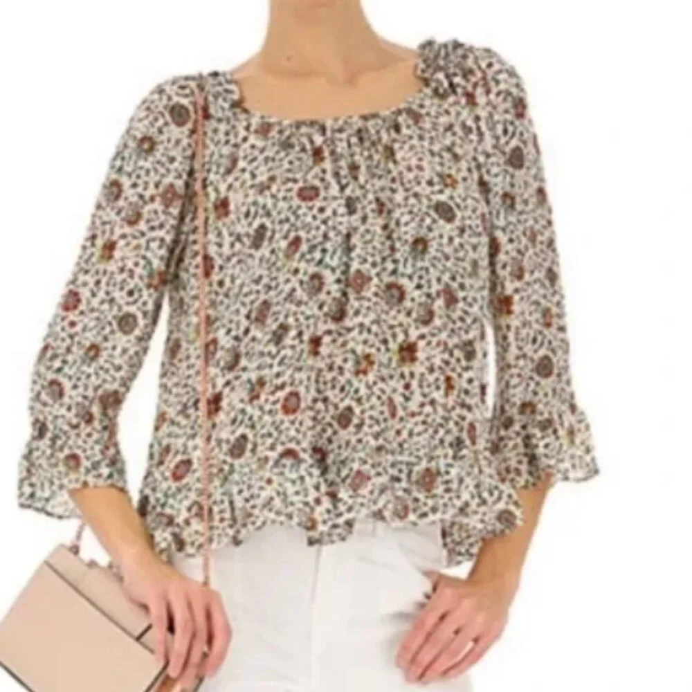 NWOT Tory Burch Ivory Soleil Floral Ruffle Silk Bohemian Top/Blouse XS $348